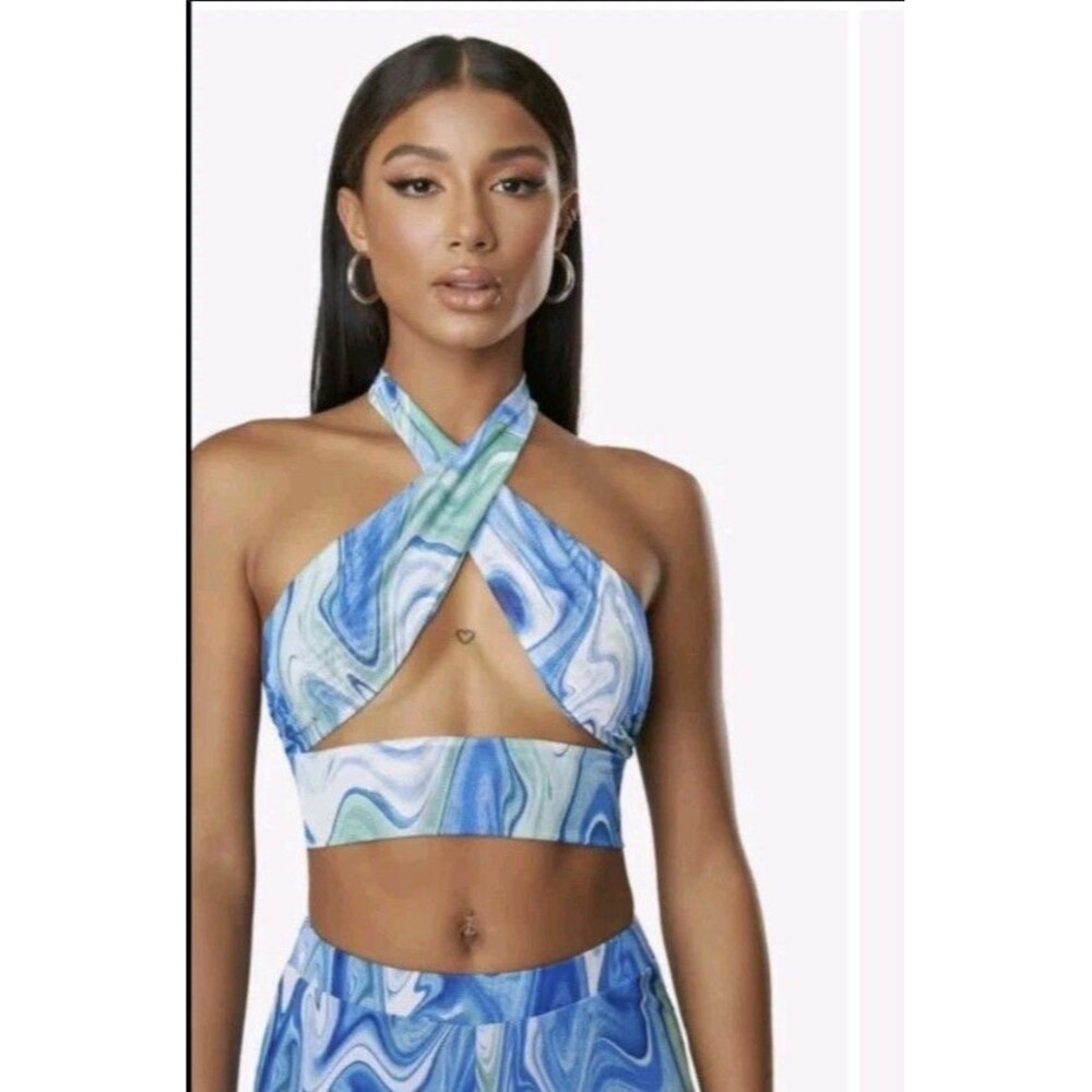The Kript Twist Liquid Mesh Halter Crop Top Blue Green Swirl Cutout Sz S EUC